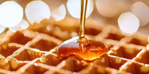 Golden syrup is being drizzled over a freshly made waffle, the warm tones and soft lighting create an inviting and delicious breakfast scene.