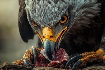 A close up of the beak and claws on an eagle eating meat.