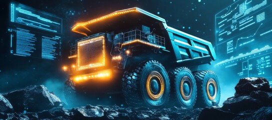 A futuristic big mining truck on a background of rocks and blue charts with data.