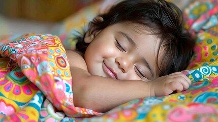 close up of child sleeping under the covers smiling with blurred background