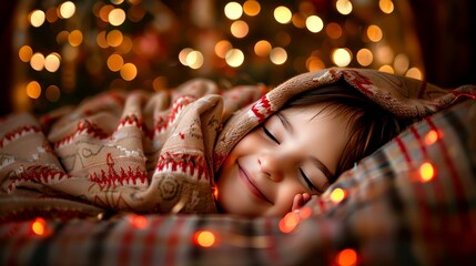 close up of child sleeping under the covers smiling with blurred background