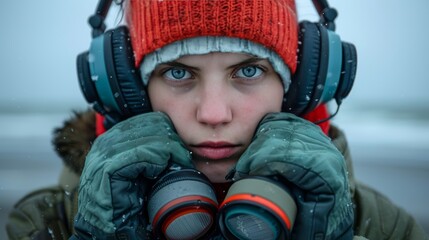 close up of teenager holding headphones on head with blurred background