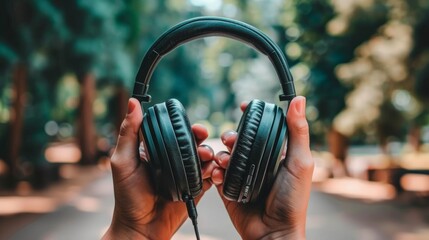 close up of teenager holding headphones on head with blurred background