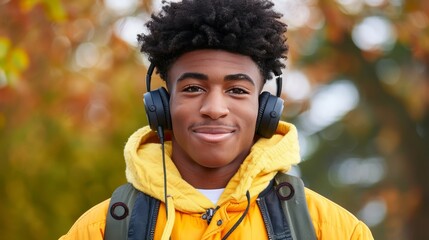 close up of teenager with headphones on head with blurred background