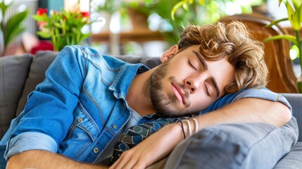 close up of man falling asleep on couch with blurred background