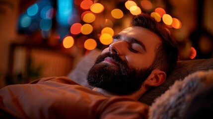close up of man falling asleep with blurred background