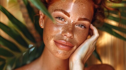 Close-up Portrait of a Beautiful Woman with Freckles, Surrounded by Green Leaves, Enjoying Sunlight