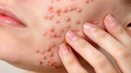 Close up of woman with acne in detailed view, with background intentionally blurred