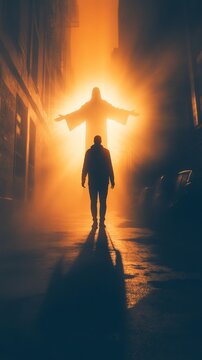 A person standing with a Jesus shadow behind them.