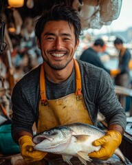 A Japanese man wearing yellow rubber gloves is smiling while cleaning fish at the fishing port.