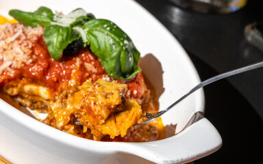 Lasagna portion, oven baked lasagne, pasta layers with cheese, minced meat, tomato in sunny summer day