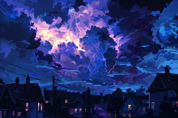 Dramatic Urban Lightning Illuminates Homes Under Ominous Skies at Dusk