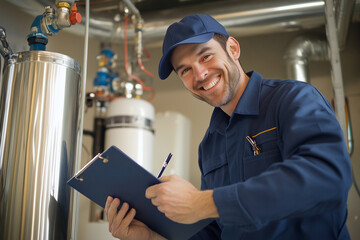 Smiling technician in uniform and cap servicing home water heater, holding clipboard and pen, demonstrating professionalism, doing maintenance. The technician supports the operation of home appliances