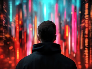 Fototapeta premium Silhouette of a person standing in a futuristic neon-lit cityscape, creating a cyberpunk atmosphere