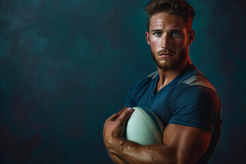 Determined Rugby Player Holding a Ball in Dramatic Lighting After a Challenging Match