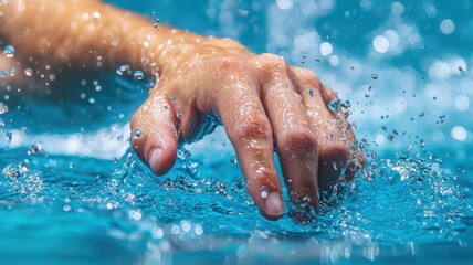 Fototapeta premium A close-up of a hand swimming through clear blue water, creating splashes and ripples, conveying motion and summer fun.
