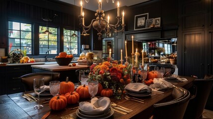 A large table is set for a dinner party with a pumpkin centerpiece and candles