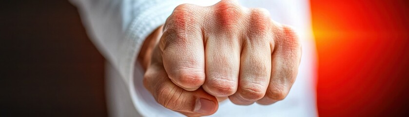 Fototapeta premium Close-up of a clenched fist symbolizing strength, determination, and readiness for action in a dynamic setting.