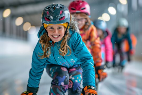 Young Girl Enthusiastically Training in Inline Skating With Friends Indoors at a Seasonal Facility
