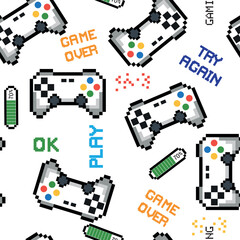 seamless abstract pattern in pixel game style. With dice, words, for boys. Textiles, print, t-shirts, web © SokolArtStudio