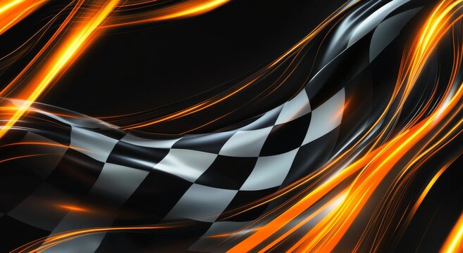 Black background with white and black checkered flag and flames.