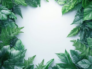 A decorative frame made of green leaves on a white background