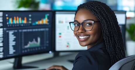 Black woman in an office using two monitors to display data and graphs.