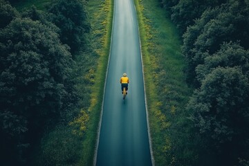 Fototapeta premium Aerial view of a cyclist in a yellow jacket riding on a scenic road 