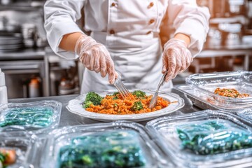 Cafeteria Staff Member Preparing Nutritious Meals in Professional Kitchen
