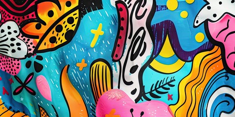 Abstract colorful cartoon shapes and patterns.
