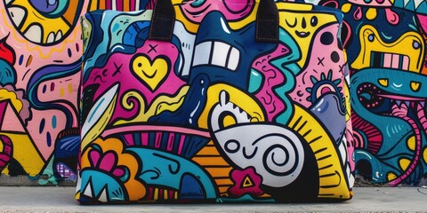 Colorful tote bag with cartoon designs.