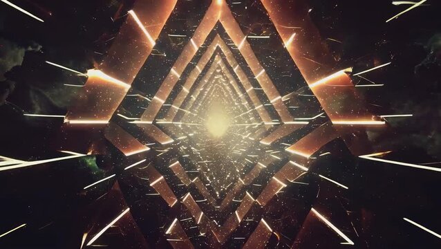 A mesmerizing view of a geometric tunnel shape with glowing light in the center. Surrounded by floating particles, the scene resembles a futuristic or cosmic setting. Abstract and captivating visuals.