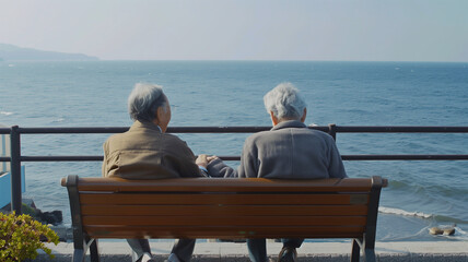 海を眺める日本人の老夫婦