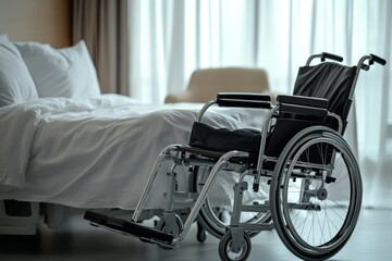 Obraz premium The wheelchair is placed next to the bed.