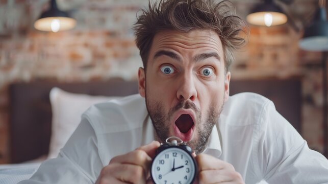 Mann rennt die Zeit weg. Er h&auml;lt schockiert einen Wecker hoch und ist &uuml;berrascht, dass die Zeit knapp wird.
