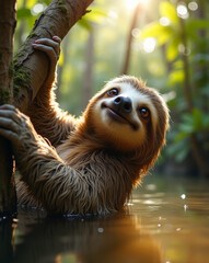 Fototapeta premium A smiling sloth hangs from a tree branch in a sunlit jungle, partially submerged in water, creating a serene and joyful ambiance.