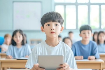 Focused Student with Tablet in a Classroom Setting - Education, Learning, Technology Integration