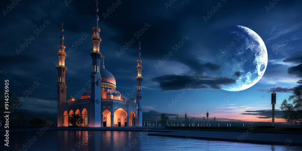 Wall mural a mosque stands majestically at night, illuminated softly by a crescent moon light.