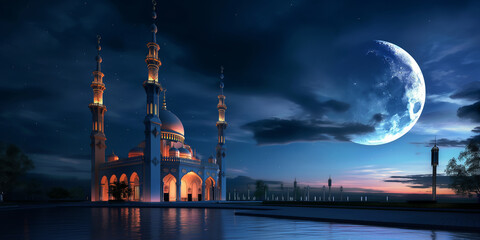 A mosque stands majestically at night, illuminated softly by a crescent moon light. 
