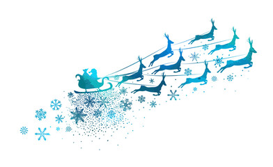 Blue Silhouette of Santa flying in his sleigh. Christmas element hand drawing. Not AI, Vector illustrations.