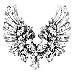 Obraz premium Angel Wings and Bird Feather Vector Illustrations, Black & White Angel Wings Vector, Hand-Drawn Black & White Tattoo Illustrations, Vintage Style