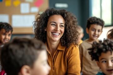 Obraz premium Portrait of smiling teacher in a class at school. 