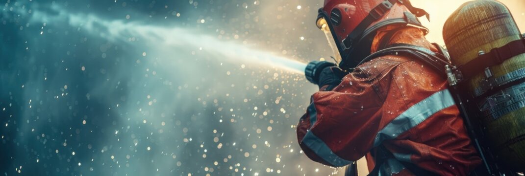 Firefighter using high pressure fire hose to spray water with empty space for text