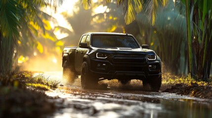 Obraz premium The black pickup truck drives along the road past the palm trees.