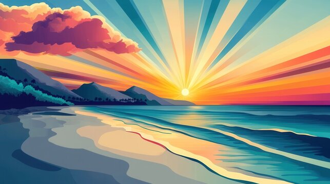 Vibrant sun rays casting geometric patterns over a serene beach landscape in flat design style