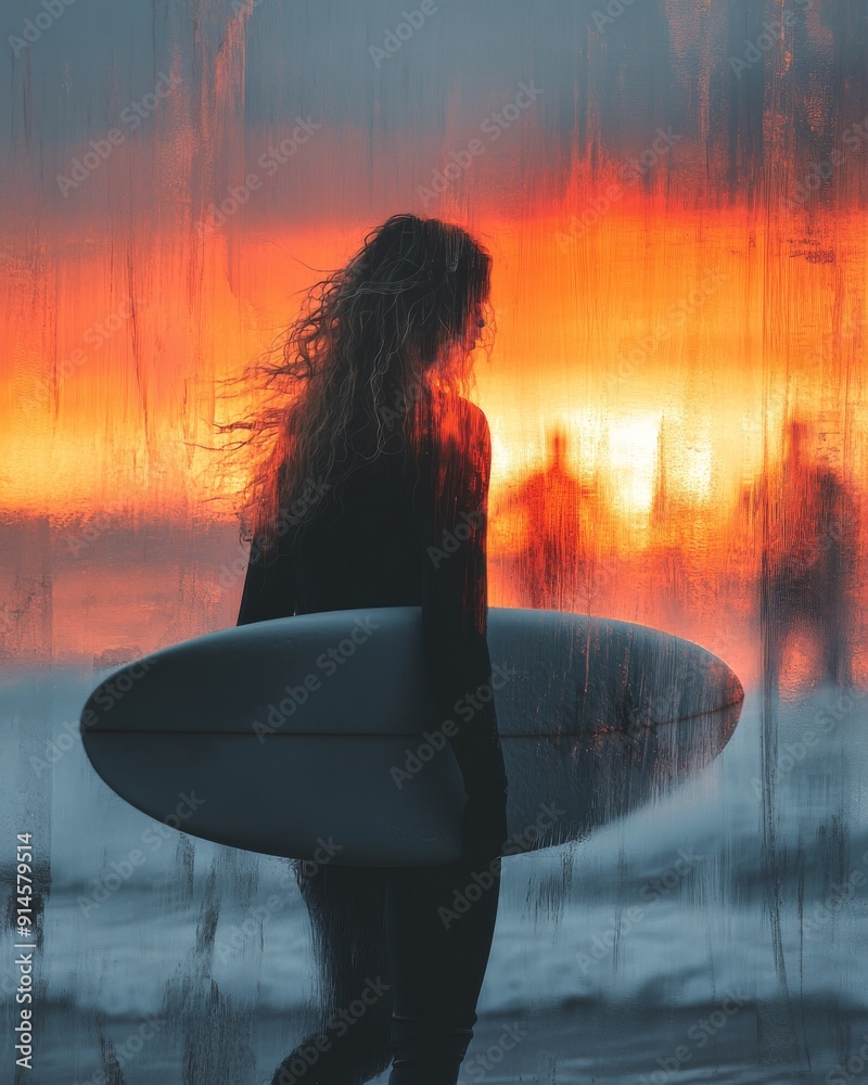 Wall mural a female surfer with long curly blond hair at sunset.