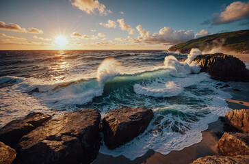 Obraz premium Dramatic seascape: ocean shore waves crashing on rocks with spray in the rays of the setting sun.