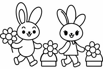  Coloring page 2 cute smiling bunnies, running a charming flower shop vector illustration