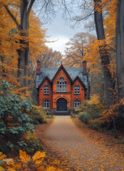 Obraz premium English country house in an autumn forest, idealistic landscape