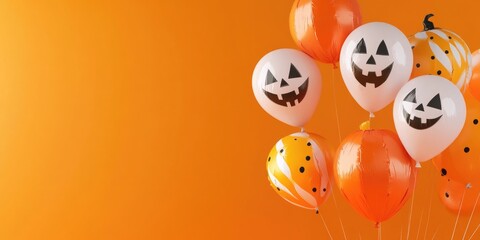 A collection of balloons with carved pumpkin faces, perfect for Halloween decorations or fall-themed parties